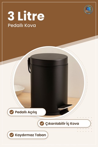 3l Pedallı Metal Çöp Kovası Siyah Toz Boya Kaplı Pas Dayanımlı Ba