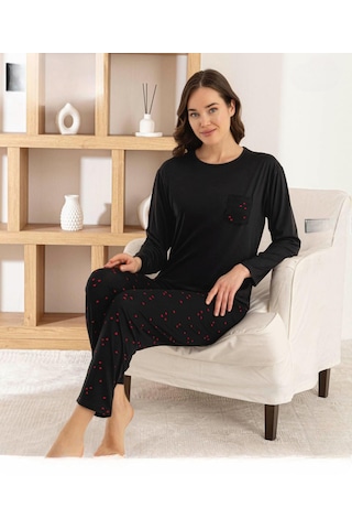 Pijamoni Kadın Milan Bisiklet Yaka Uzun Kol İnce Pijama Takımı 7575/4 - 1 Adet Siyah
