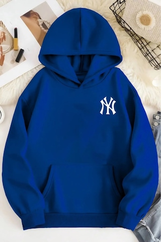 Herkesemoda Ön Ve Arka Baskılıı Kapüşonlu Sweatshirt Mavi