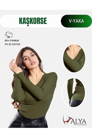 Pamuklu Kaşkorse V Yaka Body Sweatshirt, Fitilli Kumaş Likralı Bluz, Asker Yeşili Badi Asker Yeşili