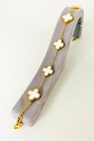 Gold Renkli Mineli Beyaz Yonca Bileklik Altın