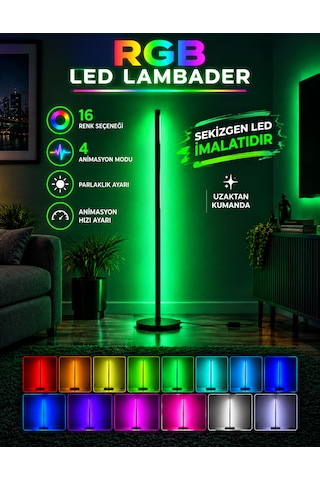 Led Lambader 100 Cm Rgb Mix Kumandalı Renk Geçişli 16 Renk Ambiyans Köşe Aydınlatma Siyah
