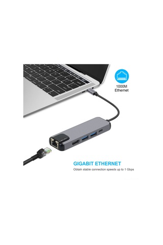 Reedark Gri Usb-c 5-in-1 Hub: Hdmı 3.0, Gigabit Ethernet Ve Usb Çevirici - Dizüstü Bilgisayar Genişletici