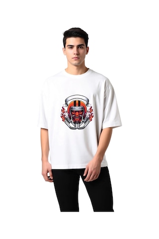 Paybuy Erkek Oversize Tişört Kafatası Futbol Kaskı Baskılı Ateş Detaylı