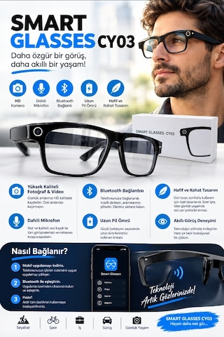 Cy03 Kameralı Akıllı Gözlük - Bluetooth Hd Fotoğraf Video Çekimi - Müzik - Telefon Görüşmesi - Sesli Asistan