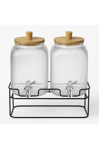 Qerhome 2'li Cam Şerbetlik Seti Musluklu, Bambu Kapaklı, Standlı 3.75 Lt + 3.75 Lt