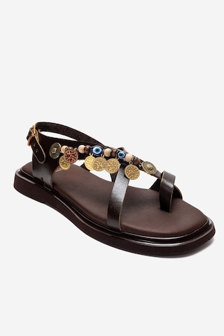 Luvishoes Hush Kahverengi Hakiki Deri Boncuklu Kadın Parmak Arası Sandalet