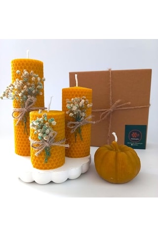 Petekoğlu Balmumu Mum Dekoratif Hediye Kutusu 4 Lü Set Doğal Petek Beeswax Candle Bal Kabağı Krem Yeşil Çiçekli Enerji Sınıfı A 000 Açık Krem