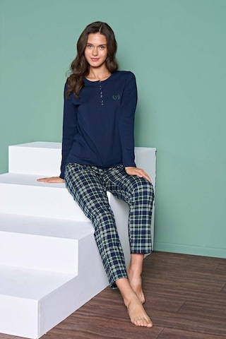 Gd Goldoremi Kadın Pamuklu Rahat Kalıp Düğmeli Ekose Desenli Uzun Kollu Pijama Takımı Lacivert