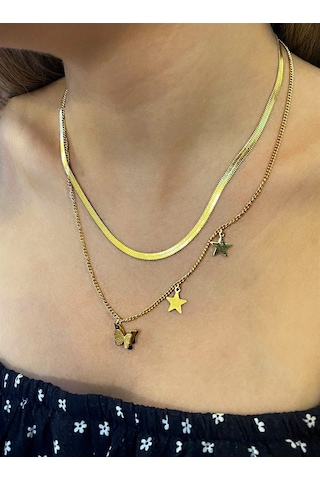 Kadın İtalyan Ezme Ve Kelebek Model İkili Çelik Kolye Gold