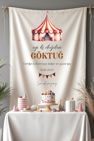 Kişiye Özel Büyük Ebat Birinci Kalite Kumaş Circus Doğum Günü Duvar Örtüsü Flama Halısı Sirk Temalı