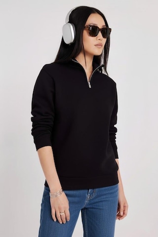 Afri Kadın 3 İplik Şardonlu Yarım Fermuarlı Siyah Sweatshirt İçi Pamuklu Kalın Kumaş, Tam Kalıp Rahat Model Siyah