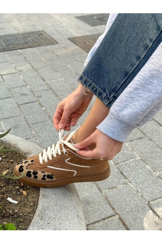 Erva'nın Butiği Taba Süet Wins Leoparlı Bağcıklı Kadın Sneakers-5688