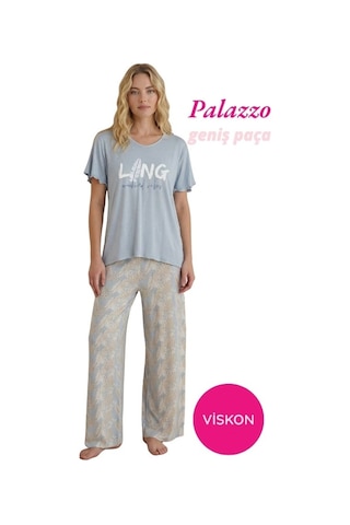 Seamlife Kadın Düğmesiz Geniş Yaka Viskon Kısa Kol Palazzo Pijama Takımı-oversize Üst Geniş Paça Alt Homewear mavi