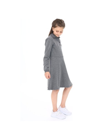 Toontoy Kız Çocuk Polo Yaka Çıtçıtlı Göğsü Baskılı Elbise Antrasit Melanj