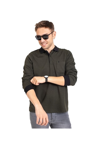 Erkek Orta Yaş ve Üzeri Polo Yaka Cepli Uzun Kollu Fitilli Mevsimlik Sweatshirt 1219-Haki Yeşili-Haki Yeşili Haki