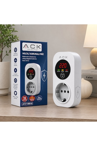 Ack Ay27-00010 Akım-gerilim Korumalı Prizi Tekli Beyaz 15a 140-275v 3000w Regülatör 0