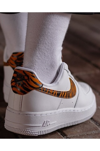 Nike Air Force 1 07 Af1 Leather White Unisex Snaker Hakiki Deri Spor Ayakkabı Beyaz Leopar Swoosh Turuncu