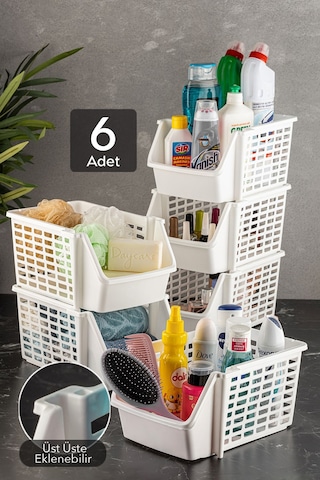6 Adet Üst Üste Eklenebilir Çok Amaçlı Banyo Mutfak Rafı - Kiler Dolap İçi Düzenleyici Organizer Beyaz