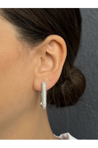 Gümüş Renkli Taşlı Dikdörtgen Küpe