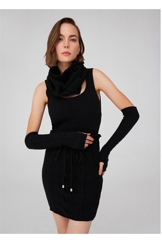 Peraluna Saç Örgü Desenli Kadın Triko Etek Siyah