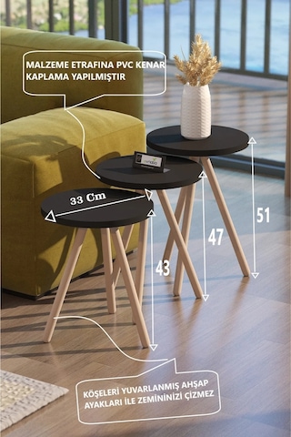 3'lü Zigon Sehpa Seti Saksılık Ve Çiçeklik Standı, Dekoratif Yan Sehpa Ahşap Ayaklı 33 Cm Çap - Siyah Siyah