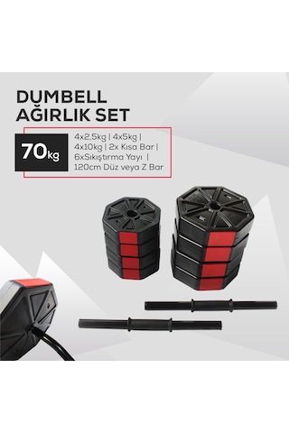 Tan Spor 70 KG Dambıl Halter Ağırlık Fitness Düz Bar Seti Kırmızı Kapaklı 150 CM