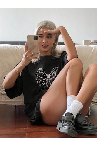 Modi Baskılı Oversize T-shirt - Siyah Açık Siyah