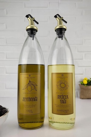 Lombardino Vetro 2'li Zeytinyağı Ve Sıvıyağ Şişesi Gold Etiketli Yağdanlık 1000 Ml Sh-0024