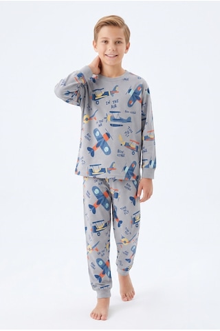 Bunny Hopp Erkek Çocuk Uzun Kollu Pijama Takımı %100 Pamuk Vintage Uçak Desenli Penye Gri