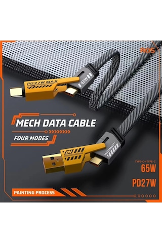 4 Ü 1 Arada 65w Hızlı Şarj Kablosu Usb Ve Type-c Girişli, Örgülü Dayanıklı