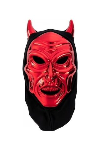 Parlak Kırmızı Şeytan Kafatası Maske Ve Yakalı 120 Cm Pelerinli Halloween Korku Kostüm Seti Cosplay
