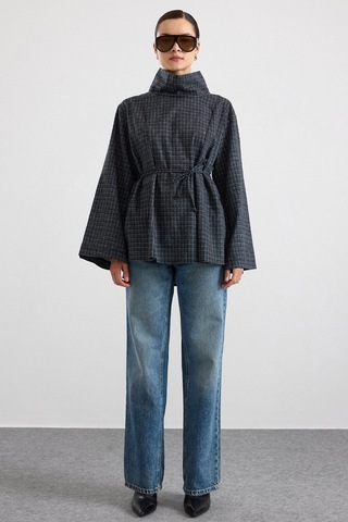 Olcay Degaje Yaka Oversize Kareli Bluz Antrasit 9839