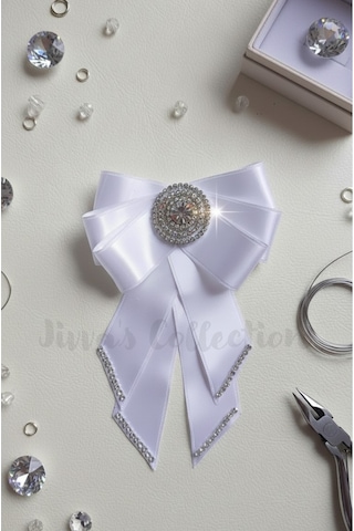 Kadın Fiyonk Broş-beyaz. Parlayan Rhinestone Çiçek Detaylı. Fiyonk Broş Kurdele. El Yapımı Özel Çok Renkli
