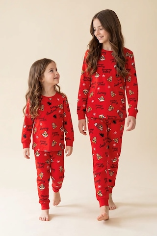 Zuzunga Kız Çocuk Yılbaşı Temalı Tiger Desenli Uzun Kollu Pijama Takımı Kırmızı