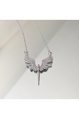 Mikail Meleği Taşlı Çelik Kolye Broş Set Çok renkli