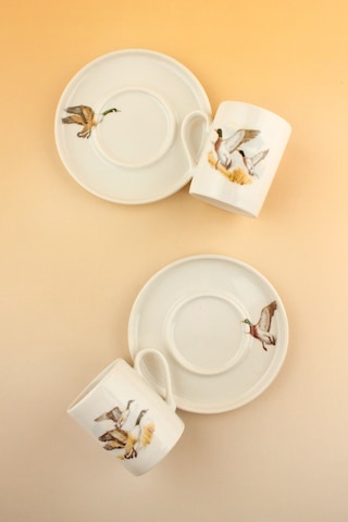 Su Kuşları İki Kişilik Porselen Kahve Fincan Takımı Beyaz