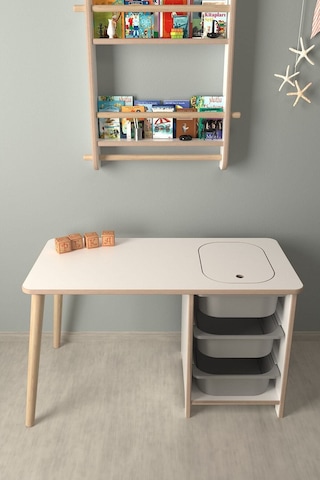 Çocuk Oyun Ve Aktivite Masası - Gri Sepetli Beyaz-gri