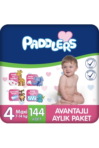 Paddlers Bebek Bezi 4 Numara Maxi (7-14 Kg) 144 Adet – Aylık Paket