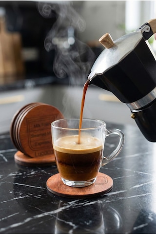 Kahve Temalı 6 Lı Ahşap Bardak Altlığı Seti Espresso/latte/cappuccino/mocha/americano/macchiato Meşe