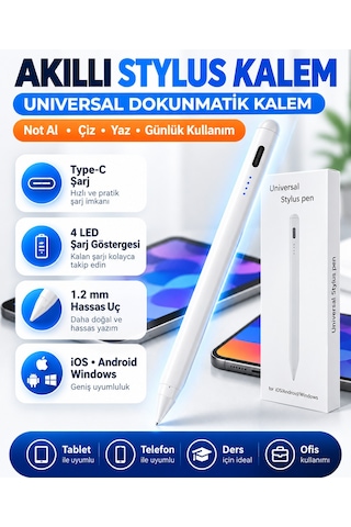 Universal Stylus Kalem Dokunmatik Tablet Telefon Kalemi İos Android Windows Uyumlu Type-c Şarjlı Pil Göstergeli İnce Uçlu Çizim Yazı Kalemi