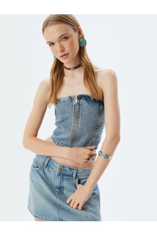 Koton Crop Üst Denim Fermuarlı Straplez Yaka Kolsuz Slim Fit Açık İndigo 4sal30055md Açık İndigo