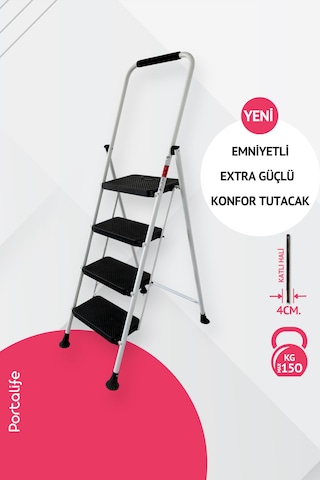 Portalife 4 Basamaklı Konfor Tutacaklı Çelik Şık Merdiven - Beyaz 200 Cm'ye Kadar