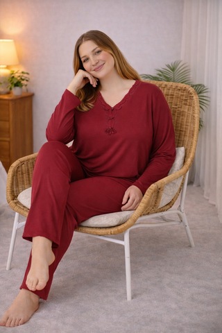 Nisanca Uzun Kollu Bambu Anne Pijama Takımı- Genç Anne Serisi Kırmızı