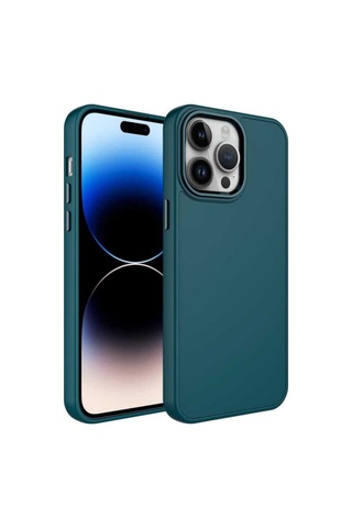 Apple Uyumlu iPhone 13 Pro Max Kılıf Metal Çerçeve Ve Buton Tasarımlı Silikon Zore Luna Kapak Koyu Yeşil
