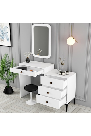 Lizbon Makyaj Masası Aynalı - Beyaz / Beyaz