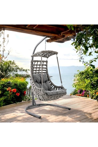 Alaçatı Tekli Rattan Bahçe Balkon Salıncağı Gri Diğer