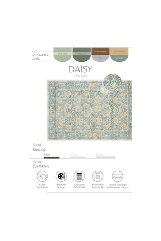 Cool Halı Daisy Mint Yeşili Yıkanabilir Çiçekli Bohem Dokuma Şönil Halı Rustik Tarz Vintage Halı Yeşil