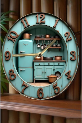 Retro Mutfak Temalı Çift Katmanlı Mdf Duvar Saati 33 Cm 3d Görünümlü 2d Hd Baskı Sdw361 Renkli