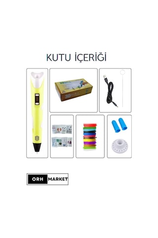 Sarı 3D Kalem 3D Pen Yazıcı Kalem – 20 Adet 5 Metrelik PLA Filament (Toplam 100M) + USB Kablo